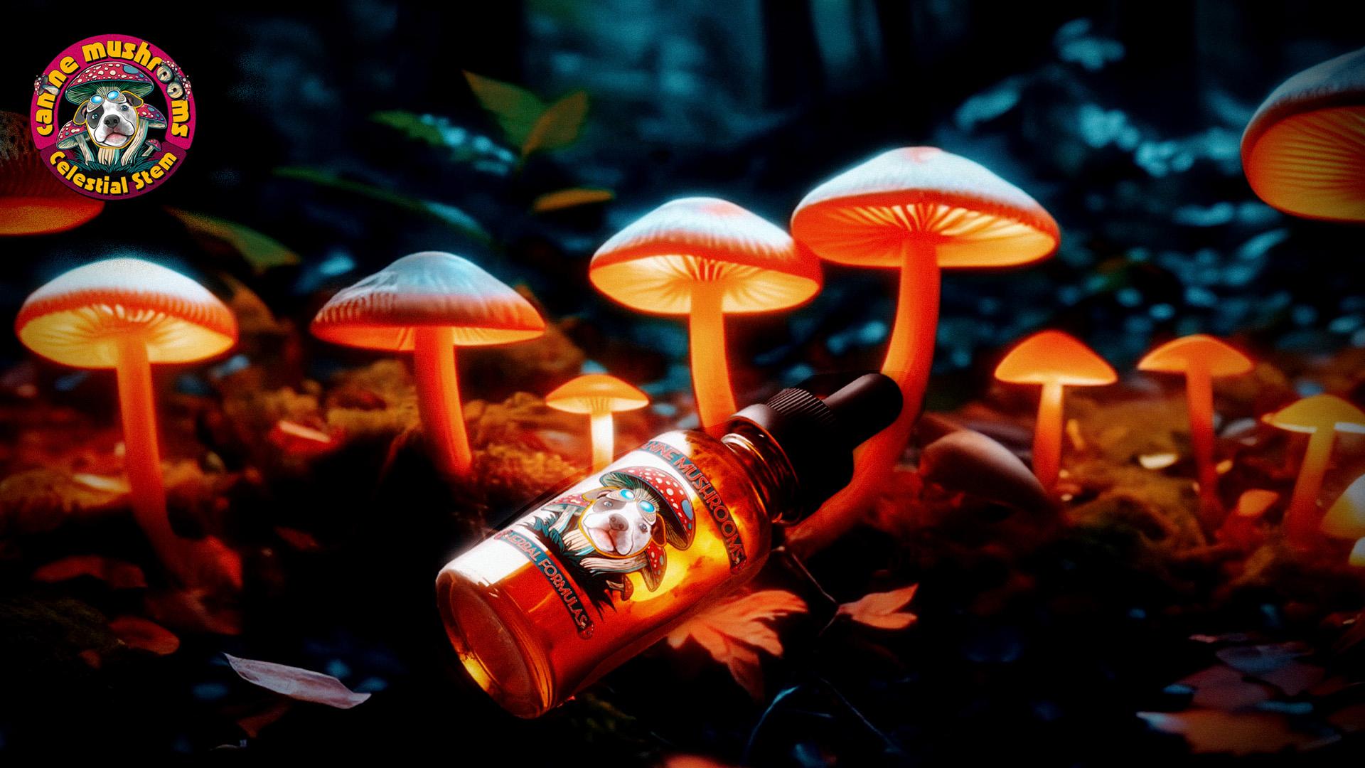 Canine mushroom extracts including lion's mane reishi turkey tail and cordyceps alongside herbal dog wellness products from Celestial Stem